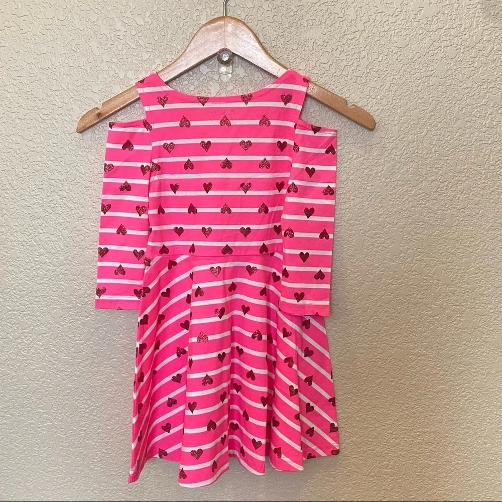 The children’s place long sleeve dress cold shoulder pink stripes and hearts nwt